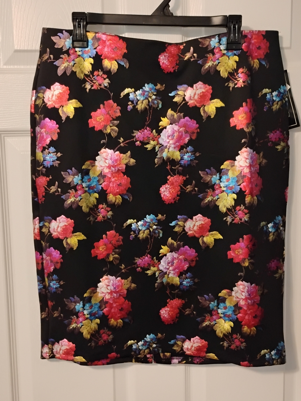 NYC Black Floral Pencil Skirt with Pink, Red and Blue Blooms